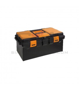 Caja modelo largo de material plástico con contenedor y cubetas porta-objetos pequeños con 74 herramientas BETA 2115PL-V