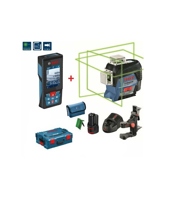 Set Bosch nivel GLL 3-80 CG verde +medidor GLM 120C +bateria 2.0ah +cargador 0601063T02